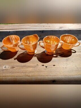Vintage Peach Fireking Milk Glass Creamer/Sugar Bowl/ Tea Cups